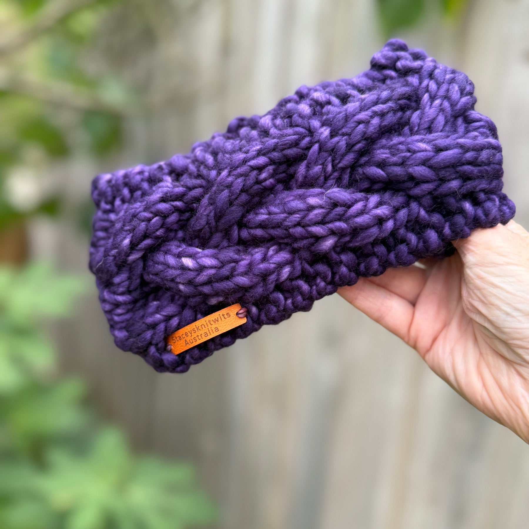 Purple Merino Headband, Ladies Knitted cable winter headband