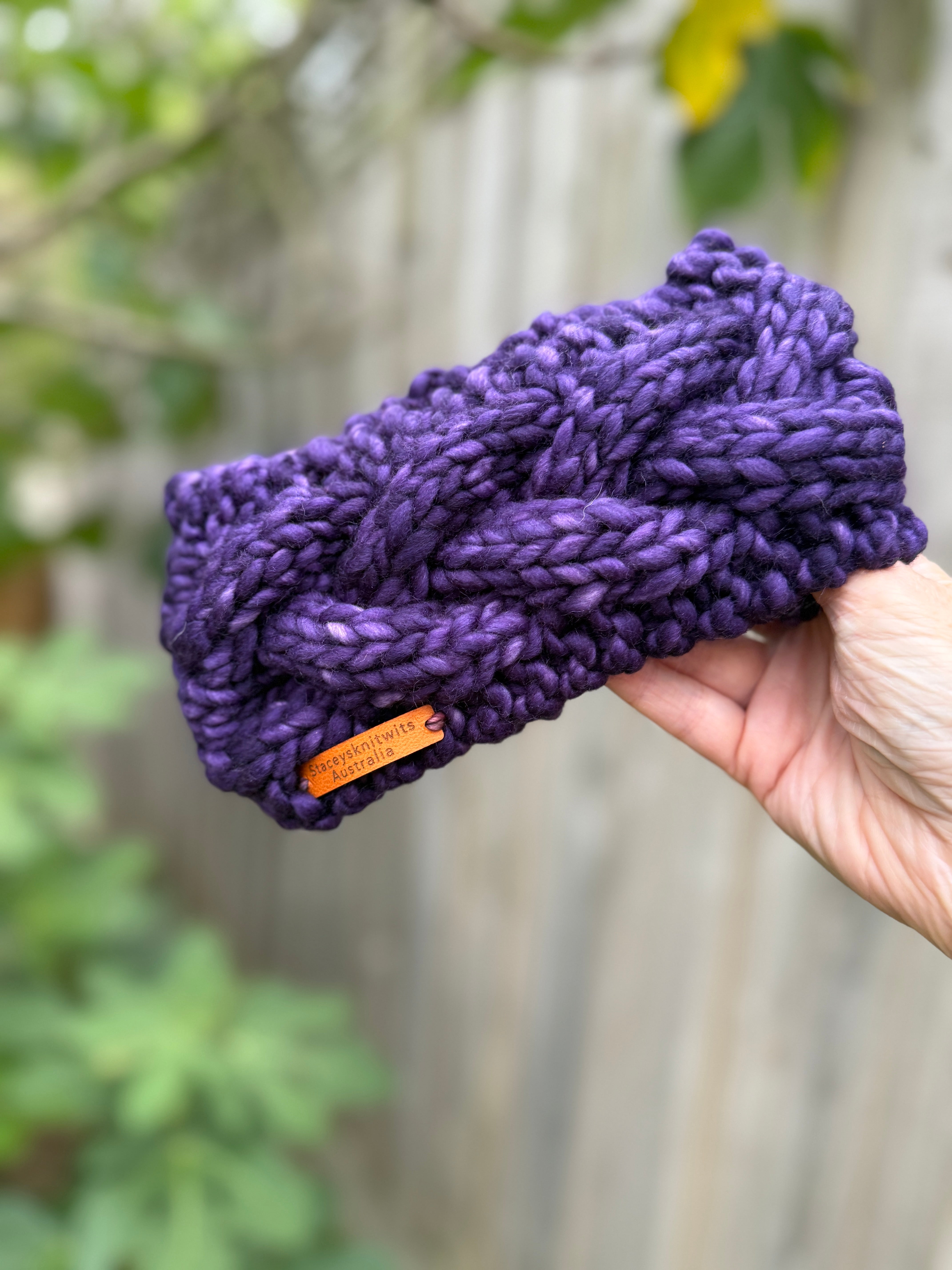 Purple Merino Headband, Ladies Knitted cable winter headband