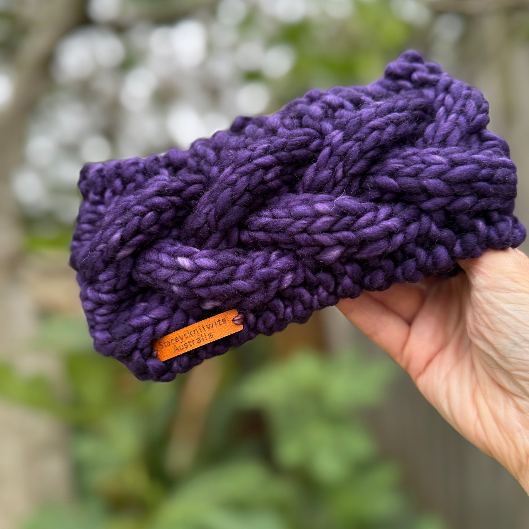 Purple Merino Headband, Ladies Knitted cable winter headband