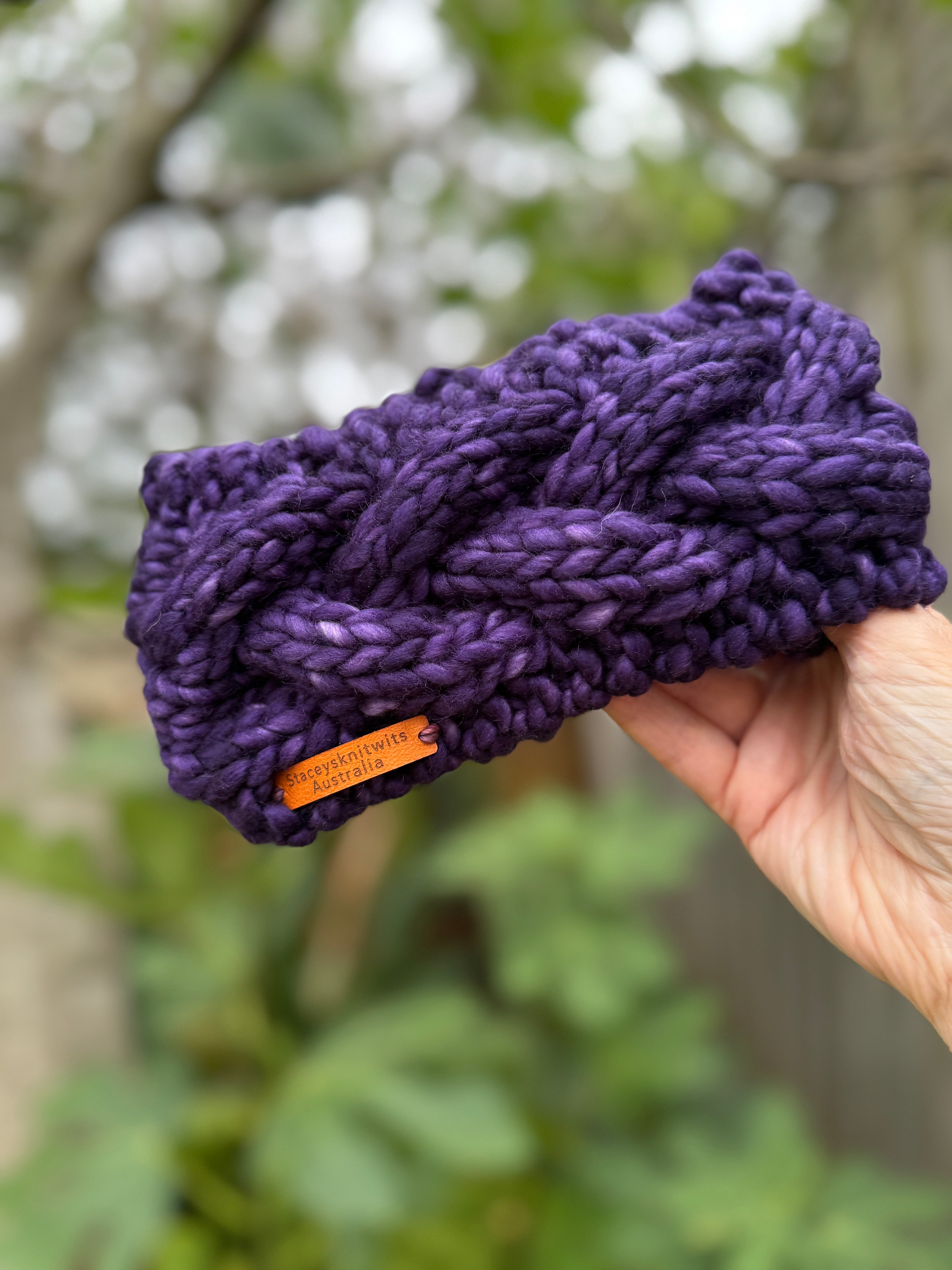 Purple Merino Headband, Ladies Knitted cable winter headband
