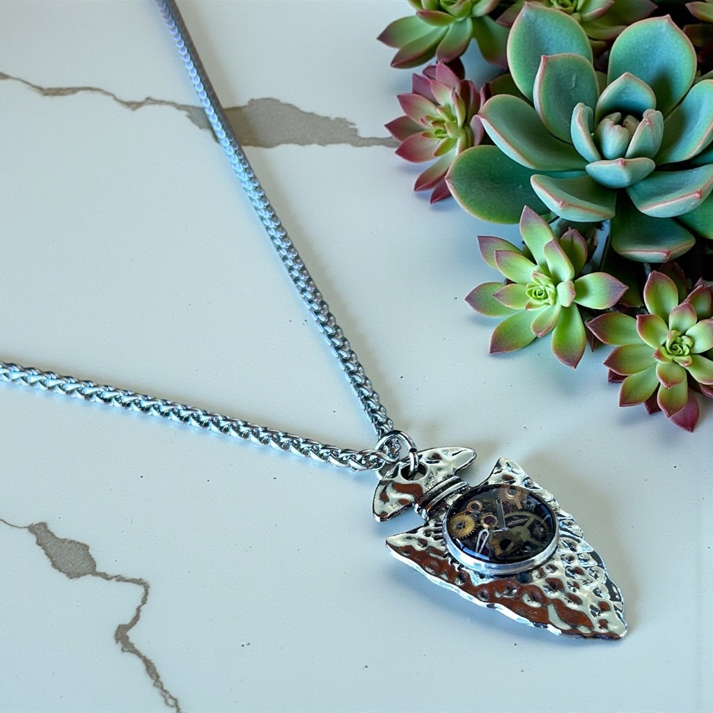 Steampunk watch parts arrow head mens necklace