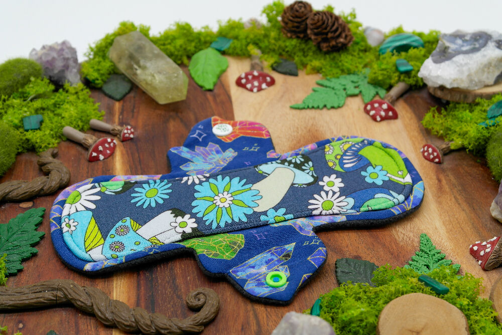 dig the flow reusables reusable cloth pad australian handmade mazmade blue green mushrooms bamboo lycra blue crystals cotton unique one-of-a-kind mishmash menstrual health business