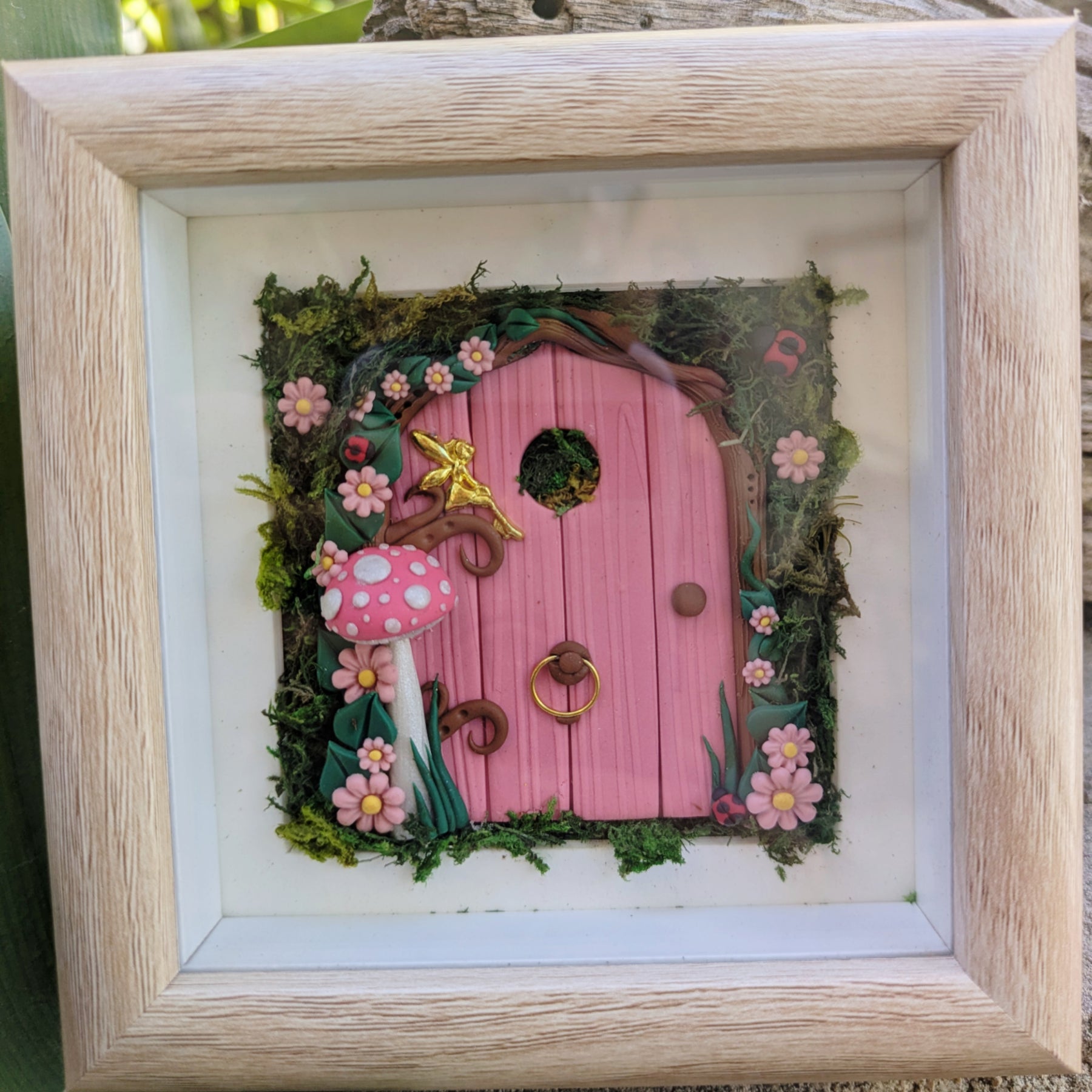 Pink Woodland Hand Sculpted Fairy Door in Shadow