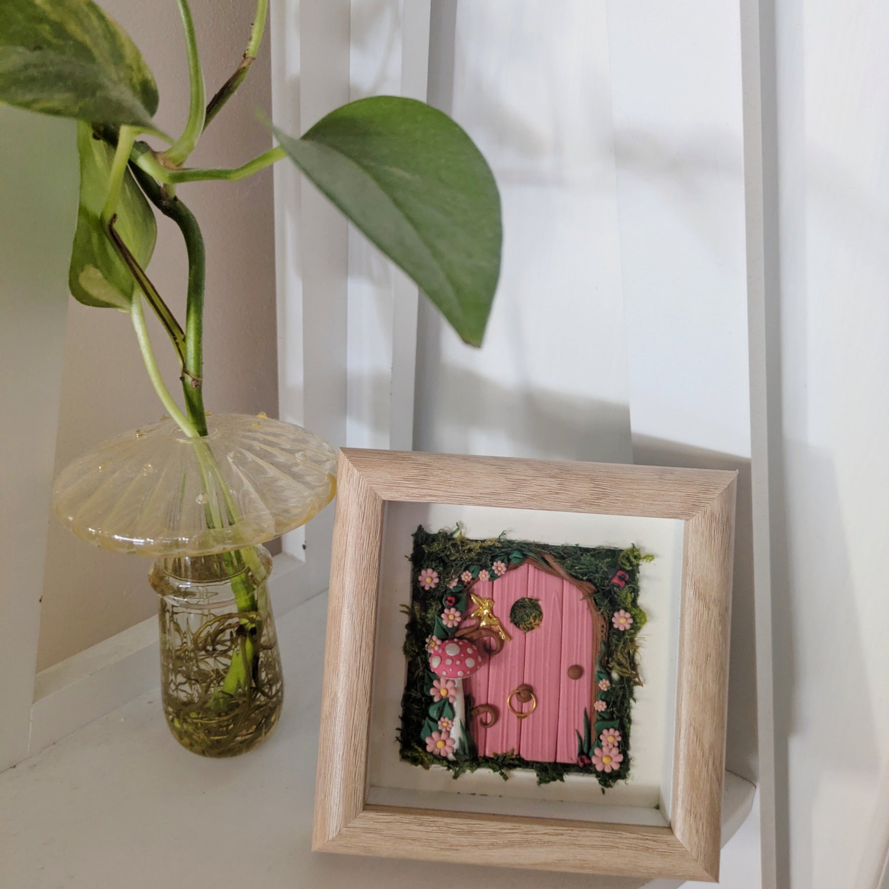 Pink Woodland Hand Sculpted Fairy Door in Shadow