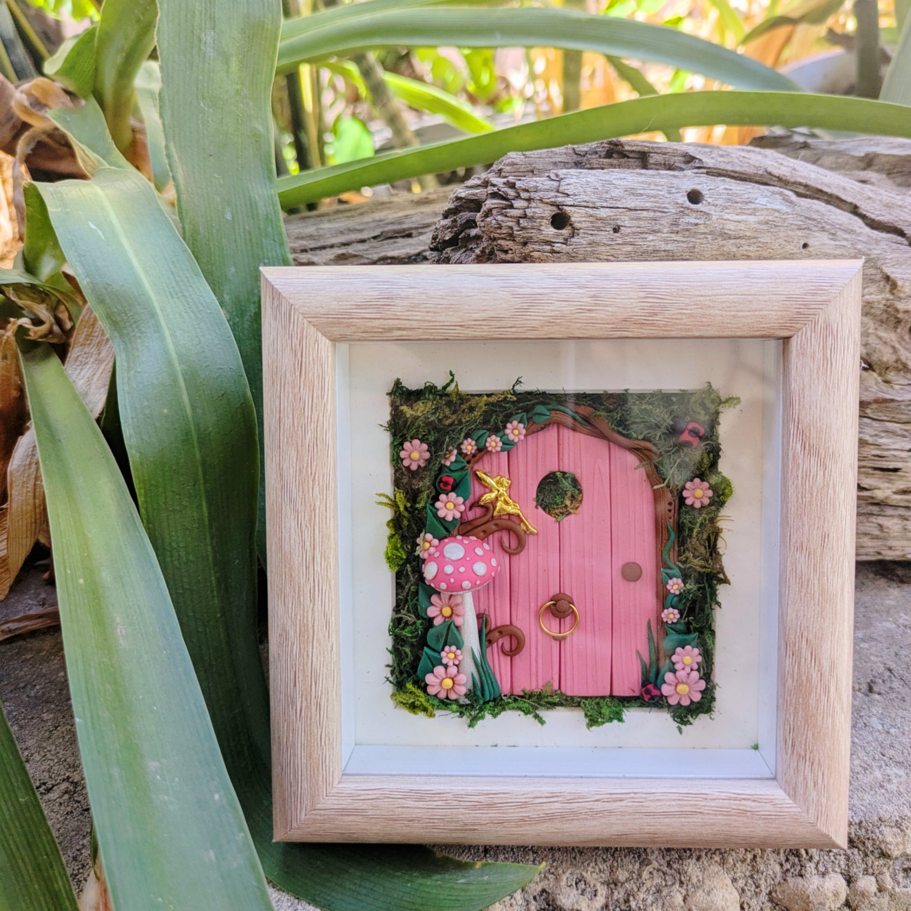 Pink Woodland Hand Sculpted Fairy Door in Shadow