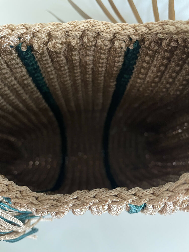 Crochet Stripe Bag, Lightweight Shoulder Strap, Tassel, Navy-White-Red or Green-Gold