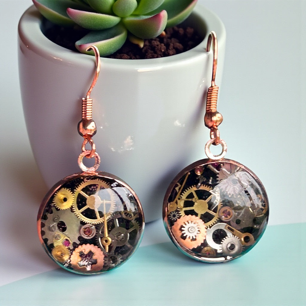 Steampunk watch parts rose gold earrings