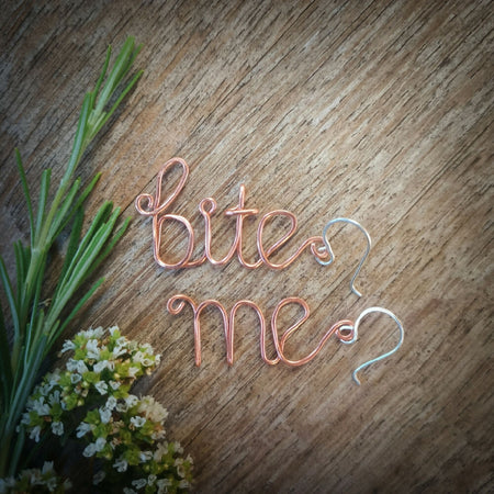 Bite Me Curse-ive Word Dangle Earrings - silver or copper