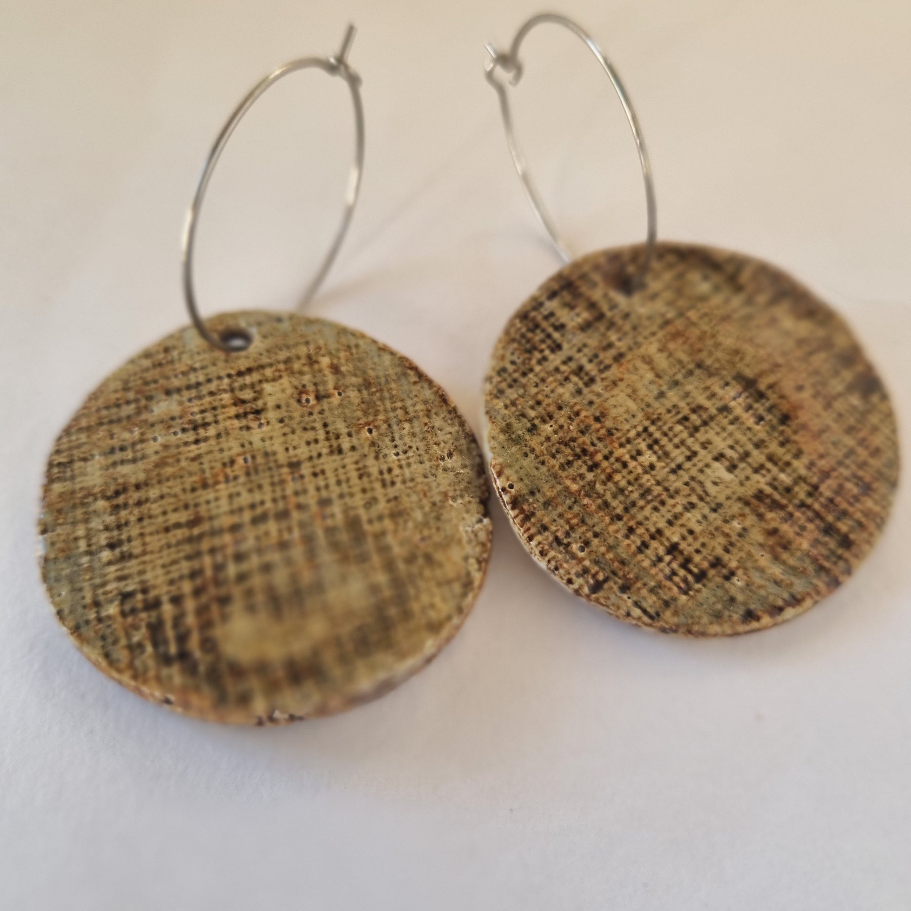 Handmade Stoneware Ceramic Earrings, earthy tones multi-coloured, 35mm diameter, pierced ears