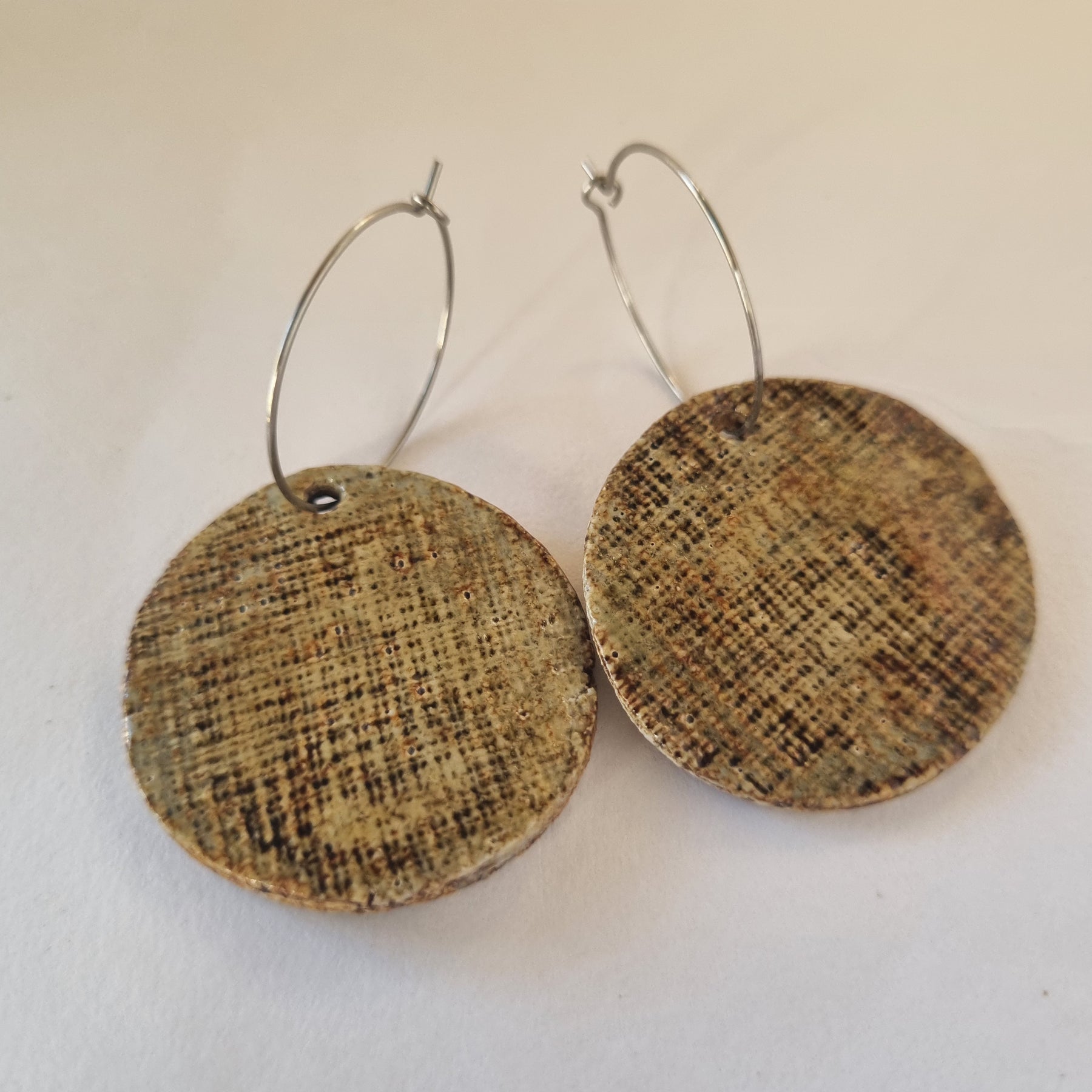 Handmade Stoneware Ceramic Earrings, earthy tones multi-coloured, 35mm diameter, pierced ears