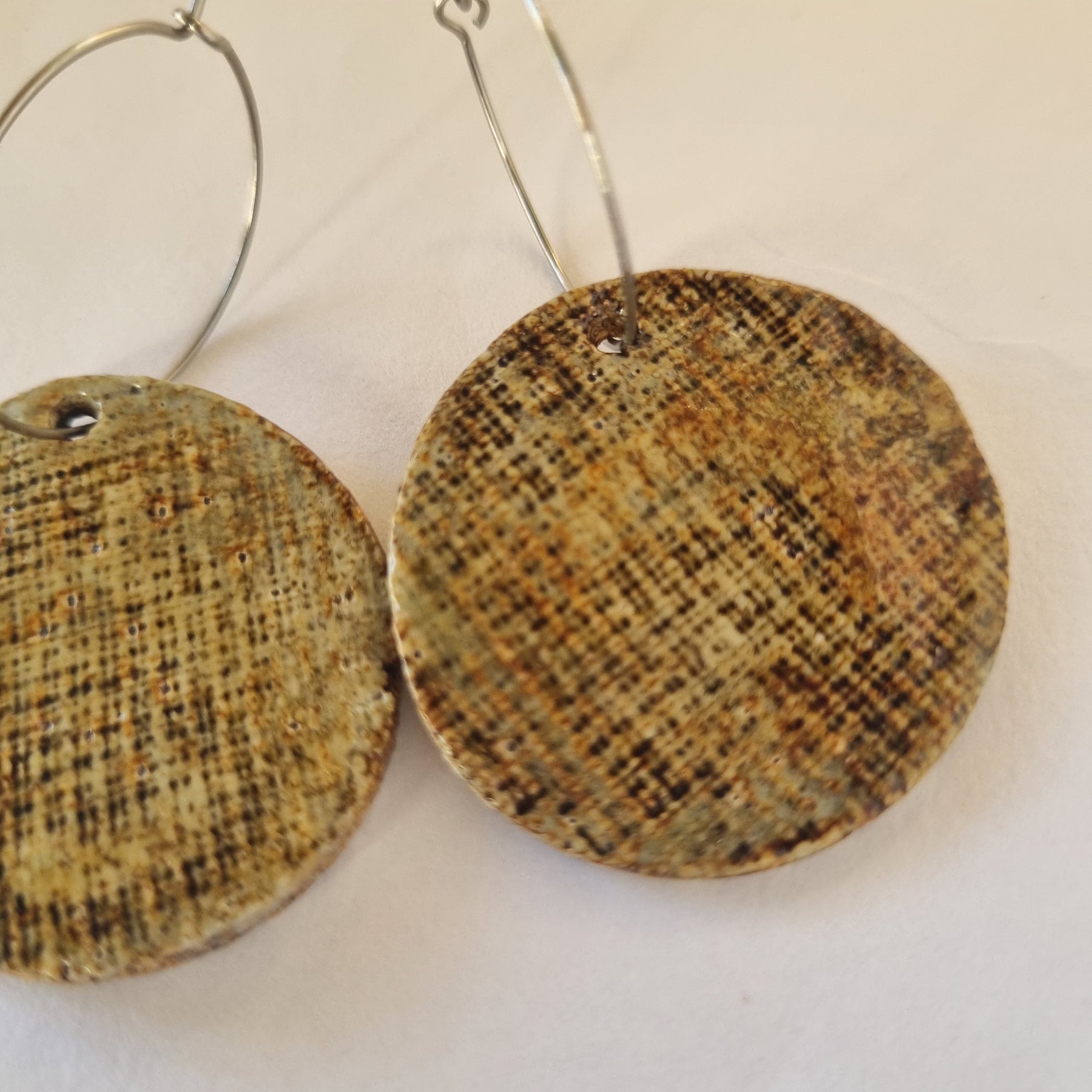 Handmade Stoneware Ceramic Earrings, earthy tones multi-coloured, 35mm diameter, pierced ears