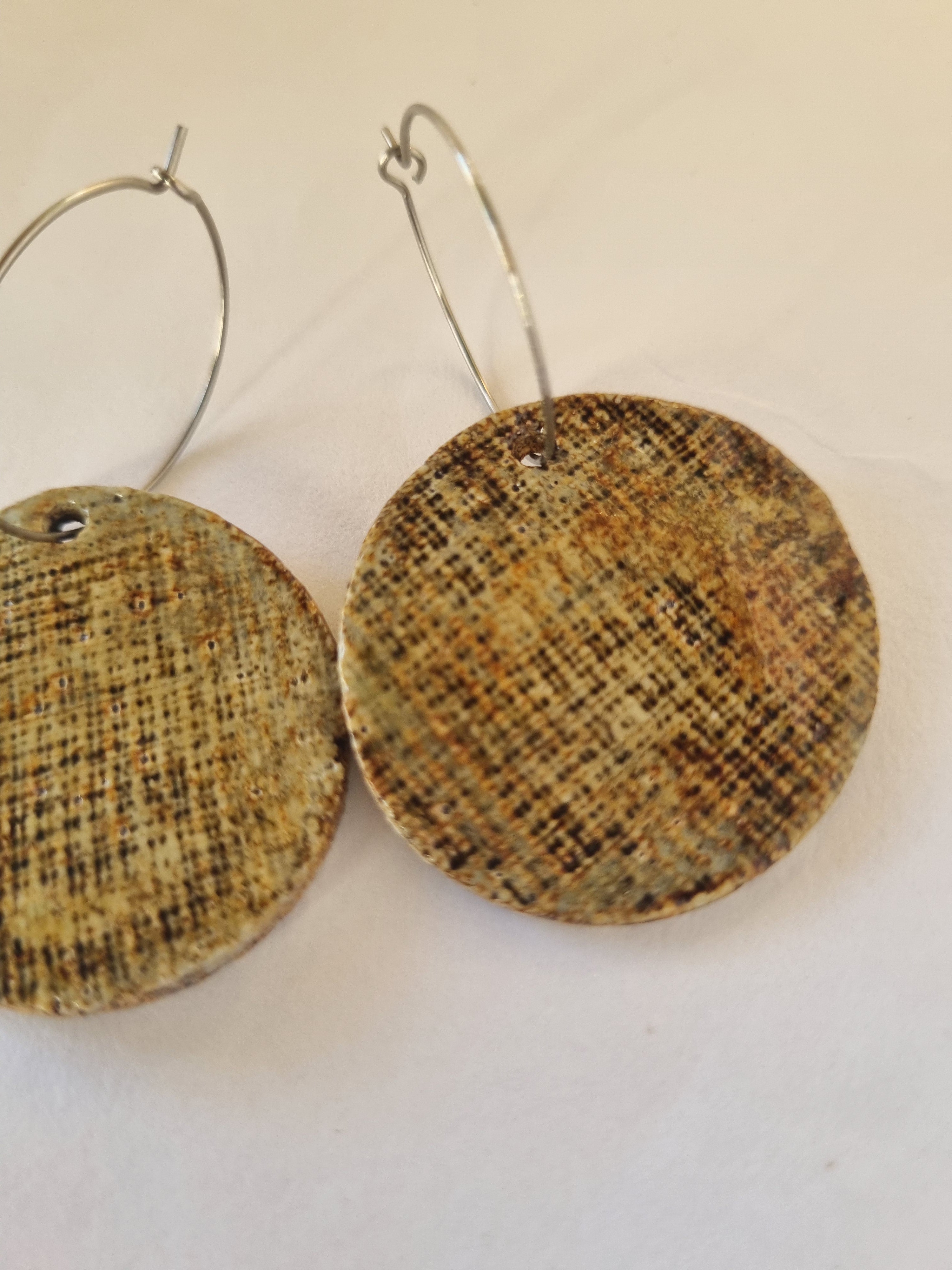 Handmade Stoneware Ceramic Earrings, earthy tones multi-coloured, 35mm diameter, pierced ears