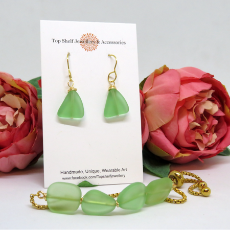 Green Cultured Sea Glass Wire Wrapped Slider Bracelet and Earring Set