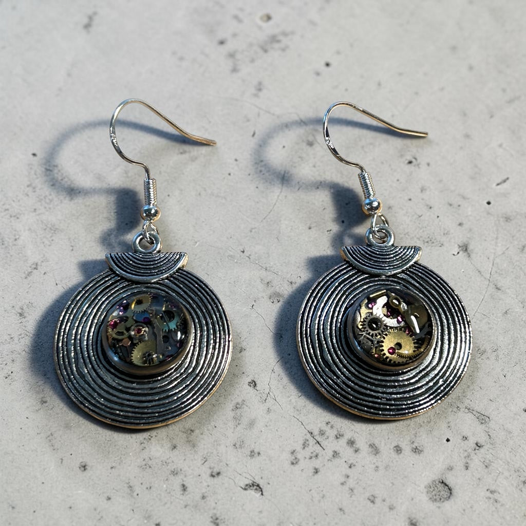 Steampunk watch parts silver disc earrings