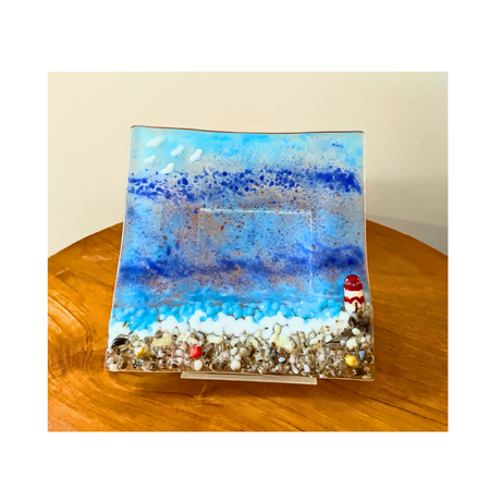 Turquoise Tranquility: Fused Glass Beach Plate with Turtle