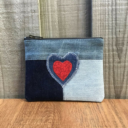 Upcycled Denim Coin Pouch – Denim and Red Heart