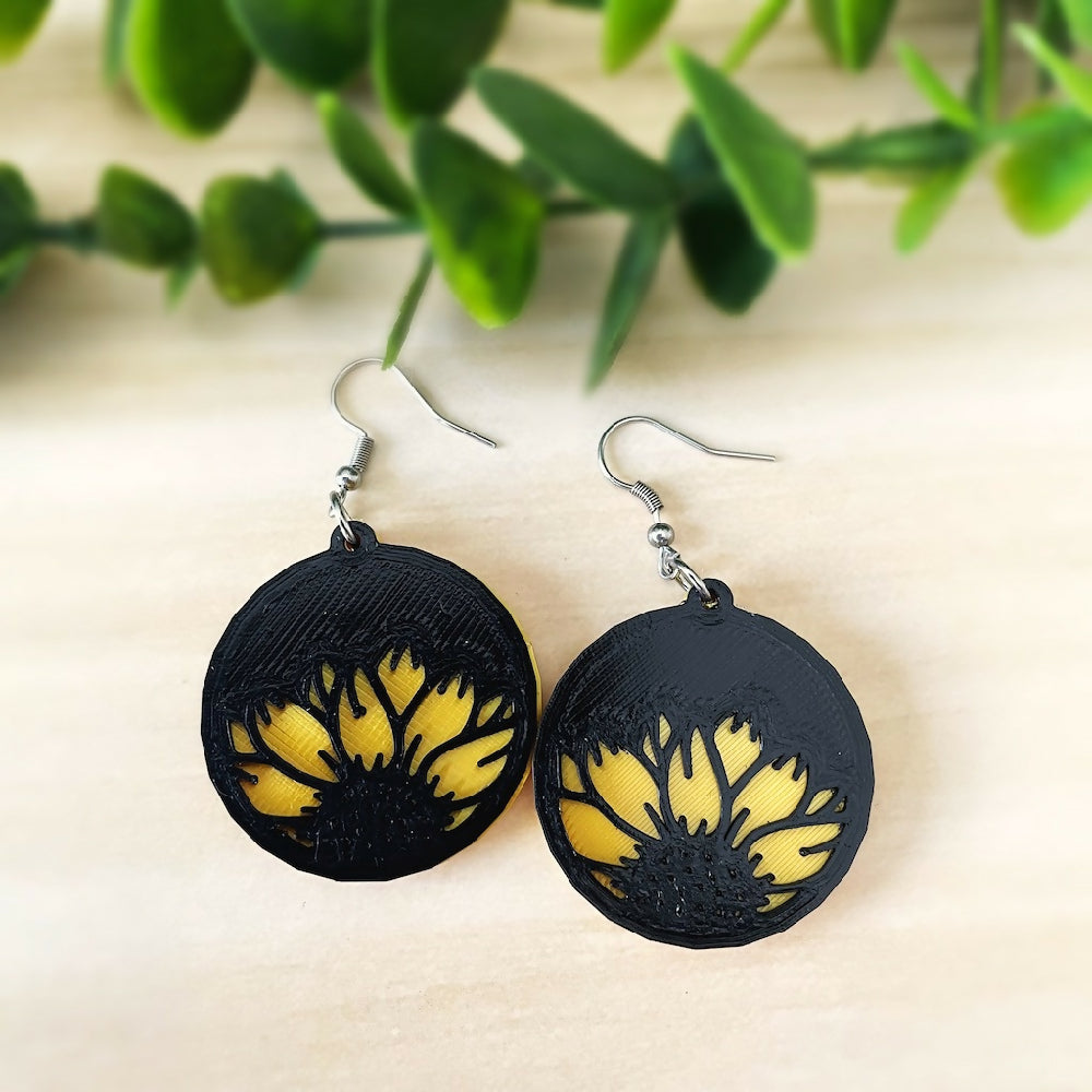 Australian-artist-handmade-jewellery-earrings-black-yellow-sunflower-earrings-round-b