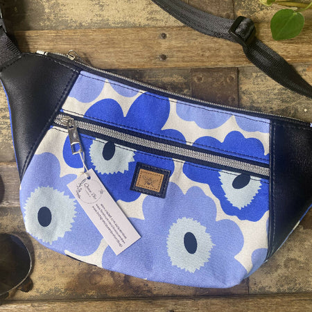 Bum/Waist/Hip Bag - Blue Floral/Black Faux Leather