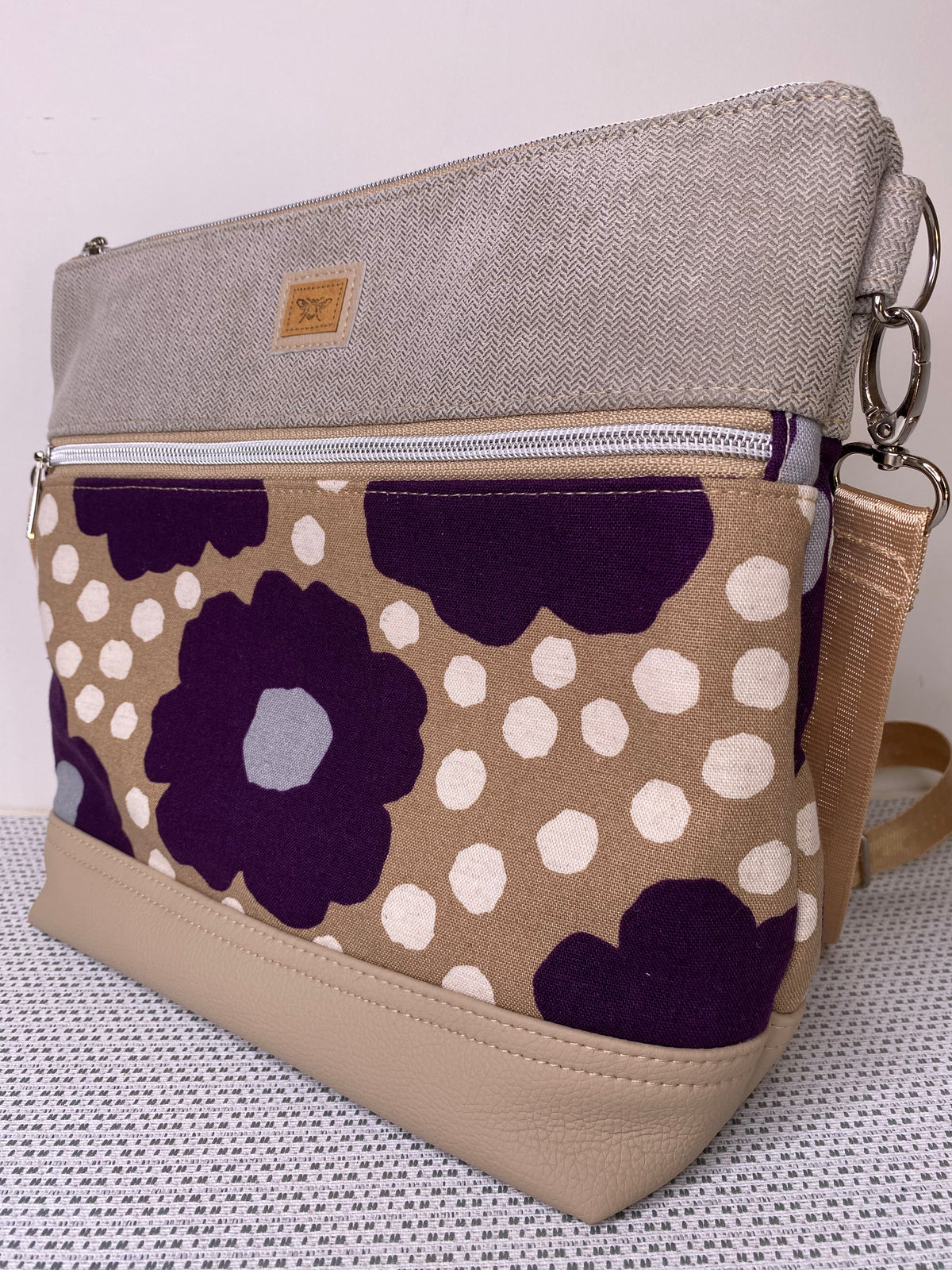 Lola Crossbody Bag - Purple Flowers & Beige Fabric with Beige Faux Leather Base