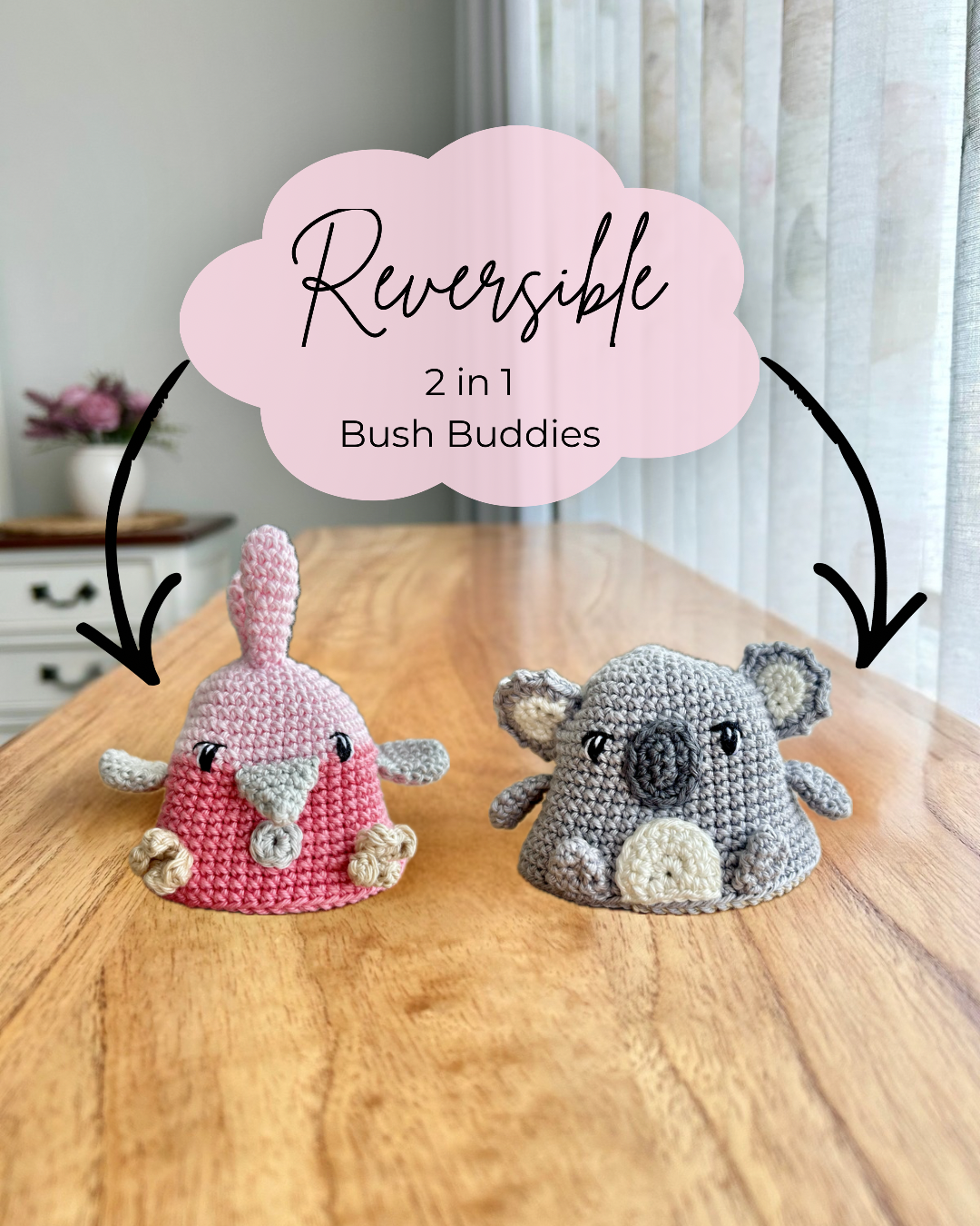 Bush Buddies | Reversible Australian Animal Crochet Toy | Galah | Cockatoo | Kookaburra | Koala | Gum Tree