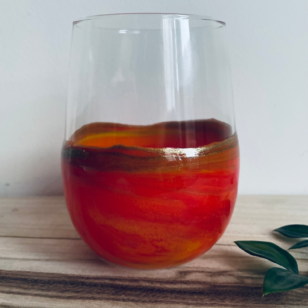 Red, Orange and Gold Stemless Wine or Water Tumbler Glass