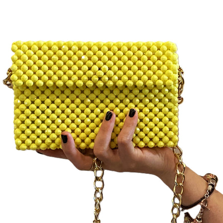 Lemon beaded clutch bag with chain