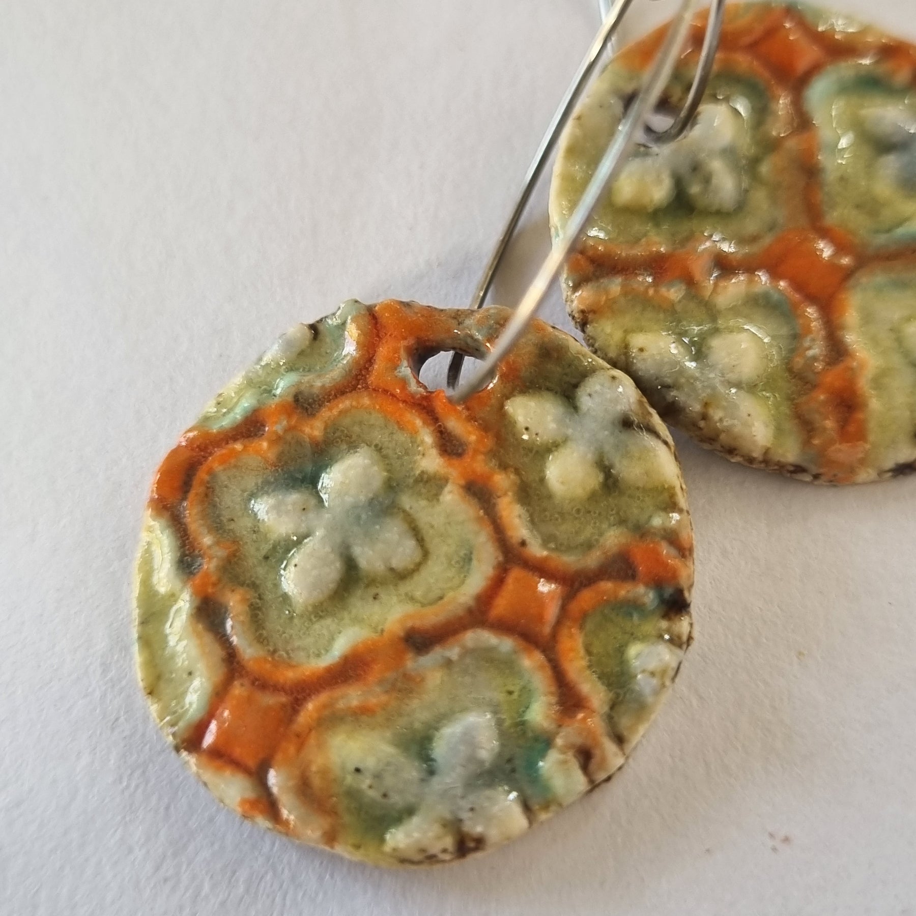 Handmade Stoneware Ceramic Earrings, orange multi-coloured, 28mm diameter, pierced ears
