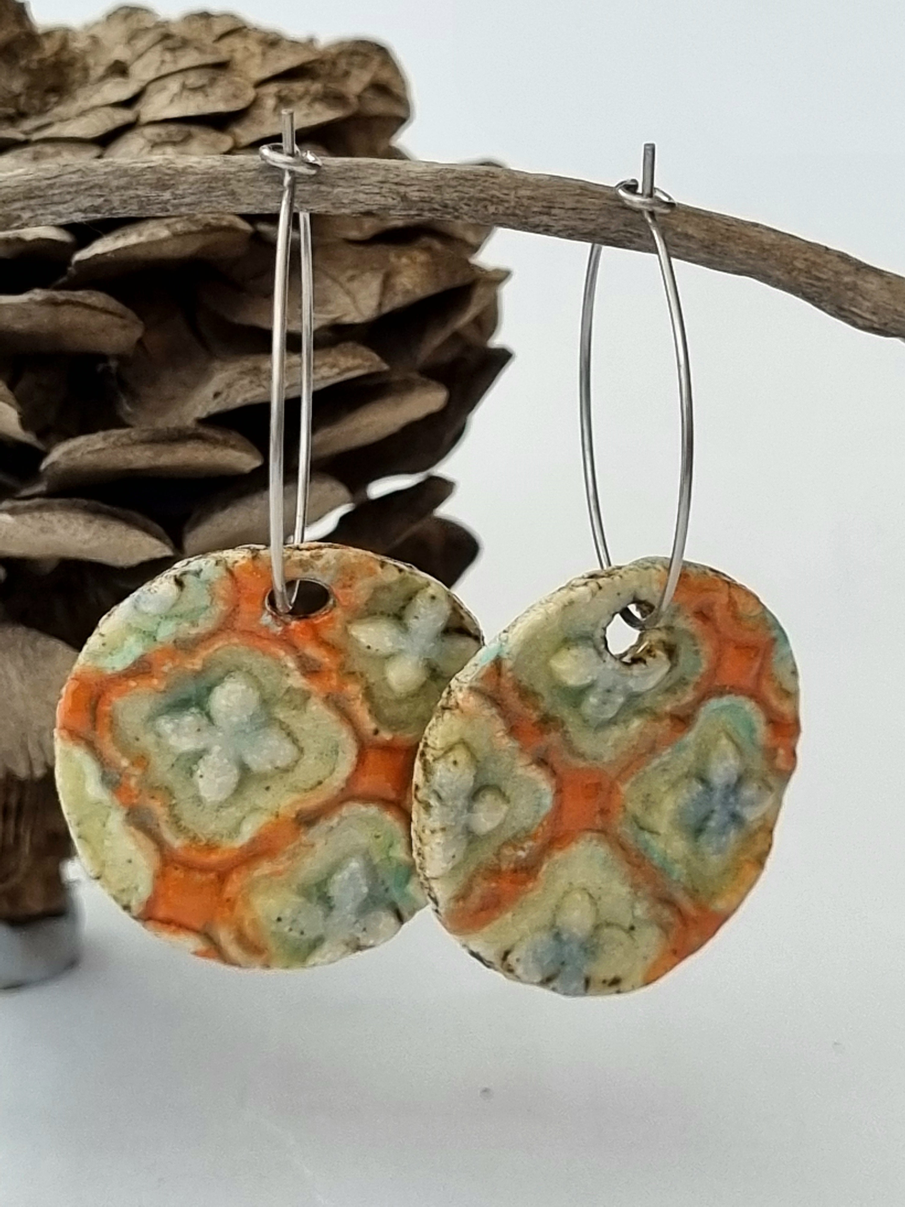 Handmade Stoneware Ceramic Earrings, orange multi-coloured, 28mm diameter, pierced ears