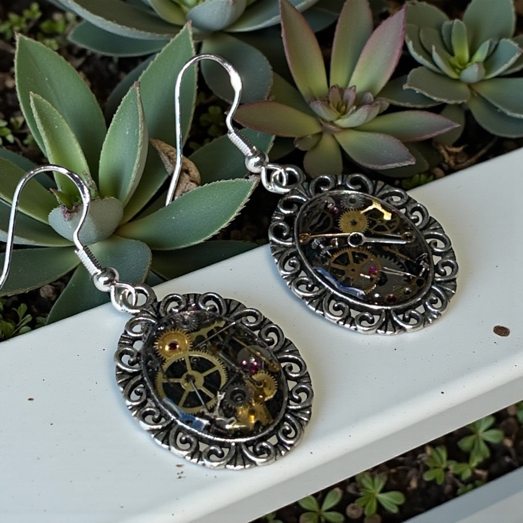 Steampunk watch parts oval scroll earrings