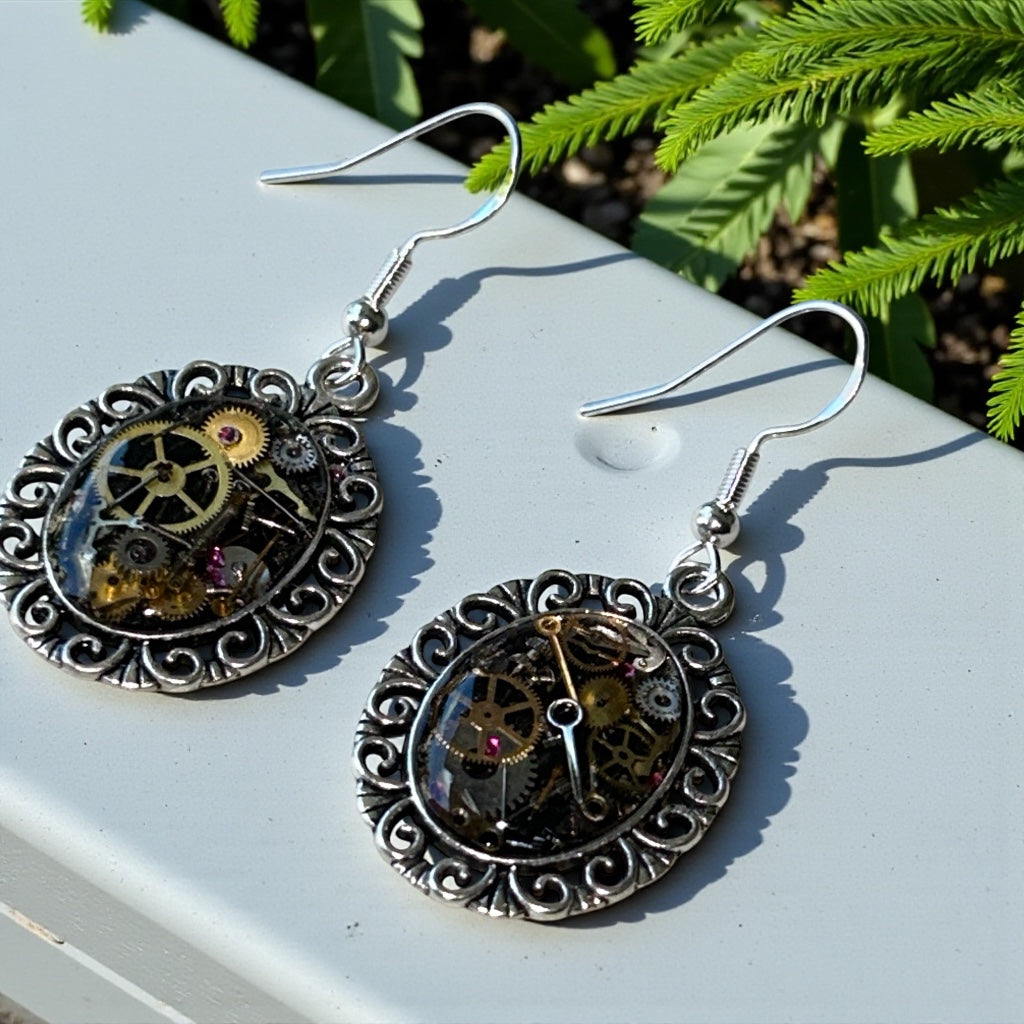 Steampunk watch parts oval scroll earrings