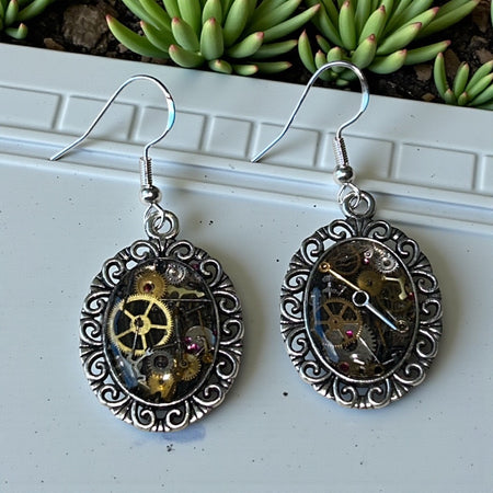 Steampunk watch parts oval scroll earrings