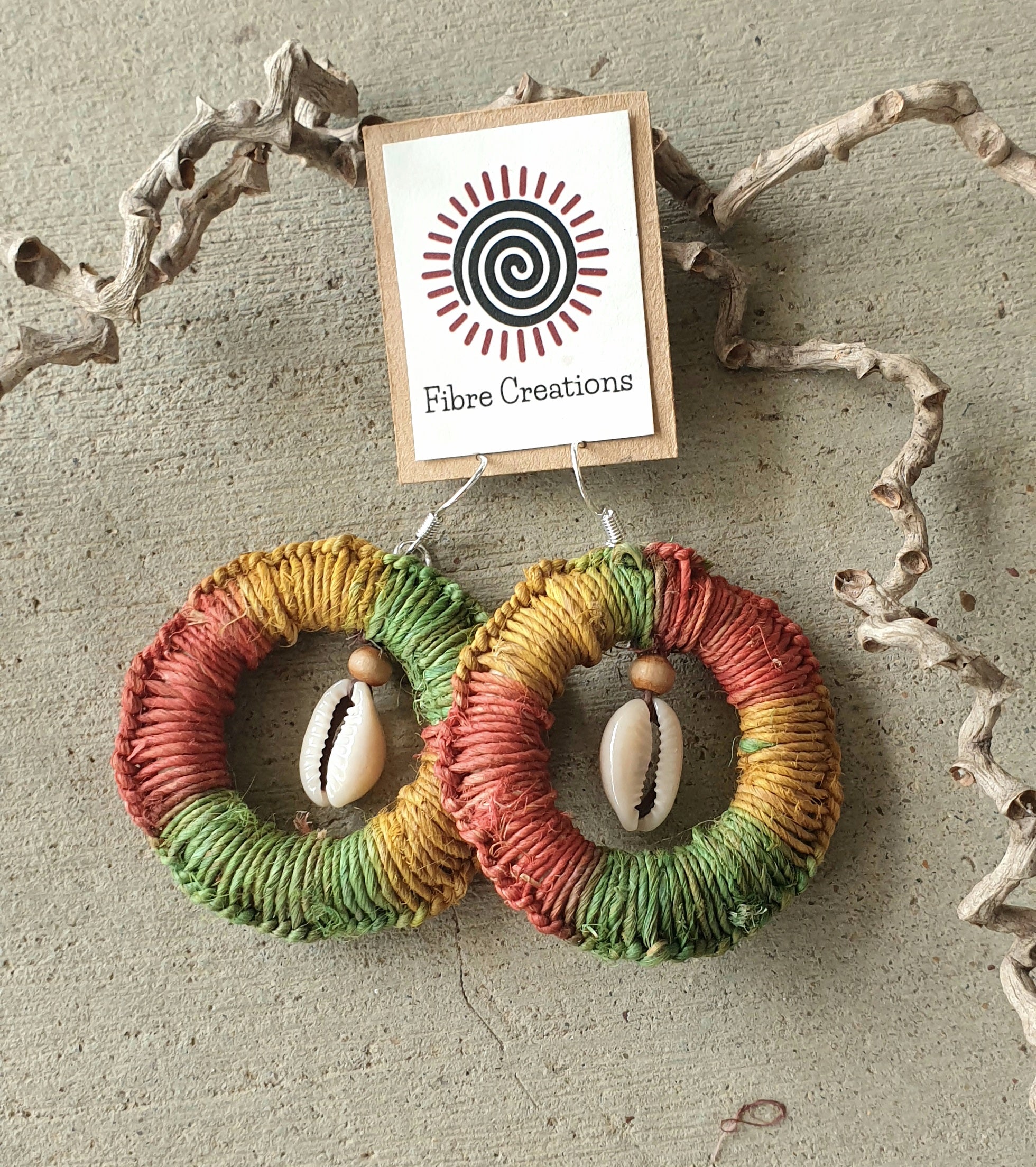 Handmade, raw hemp, cowrie shell earringsss