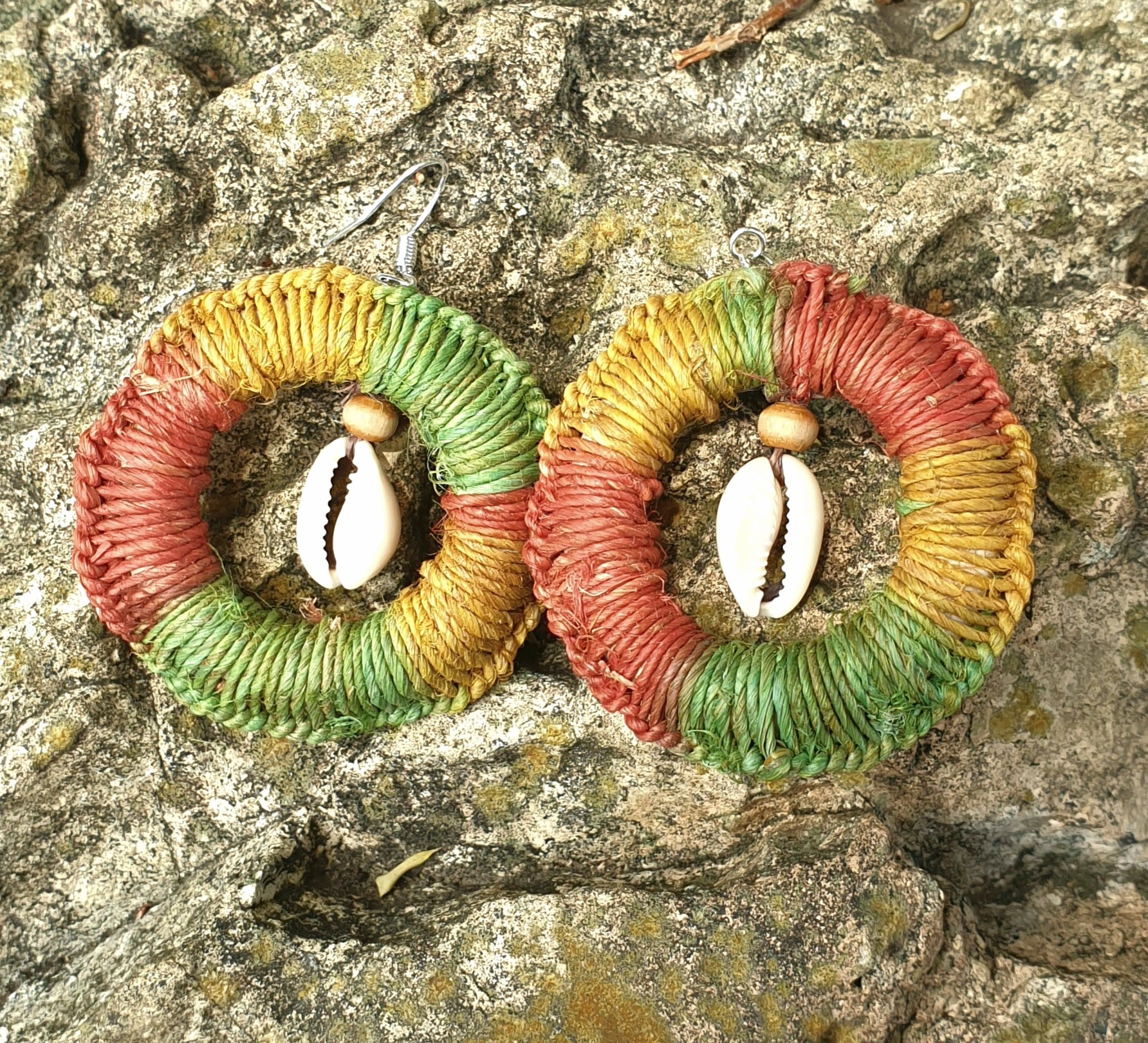 Handmade, raw hemp, cowrie shell earringsss