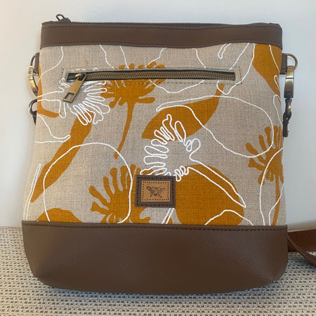 Mia Crossbody Bag - Yellow Seed Pods Screen Printed Linen with Dark Brown Faux Leather