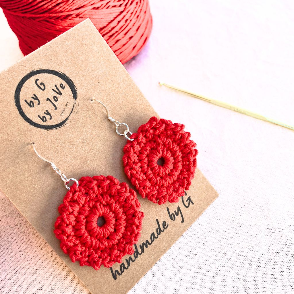 Cheerful Crimson Bloom - Handmade Cotton Crochet Dangle Earrings
