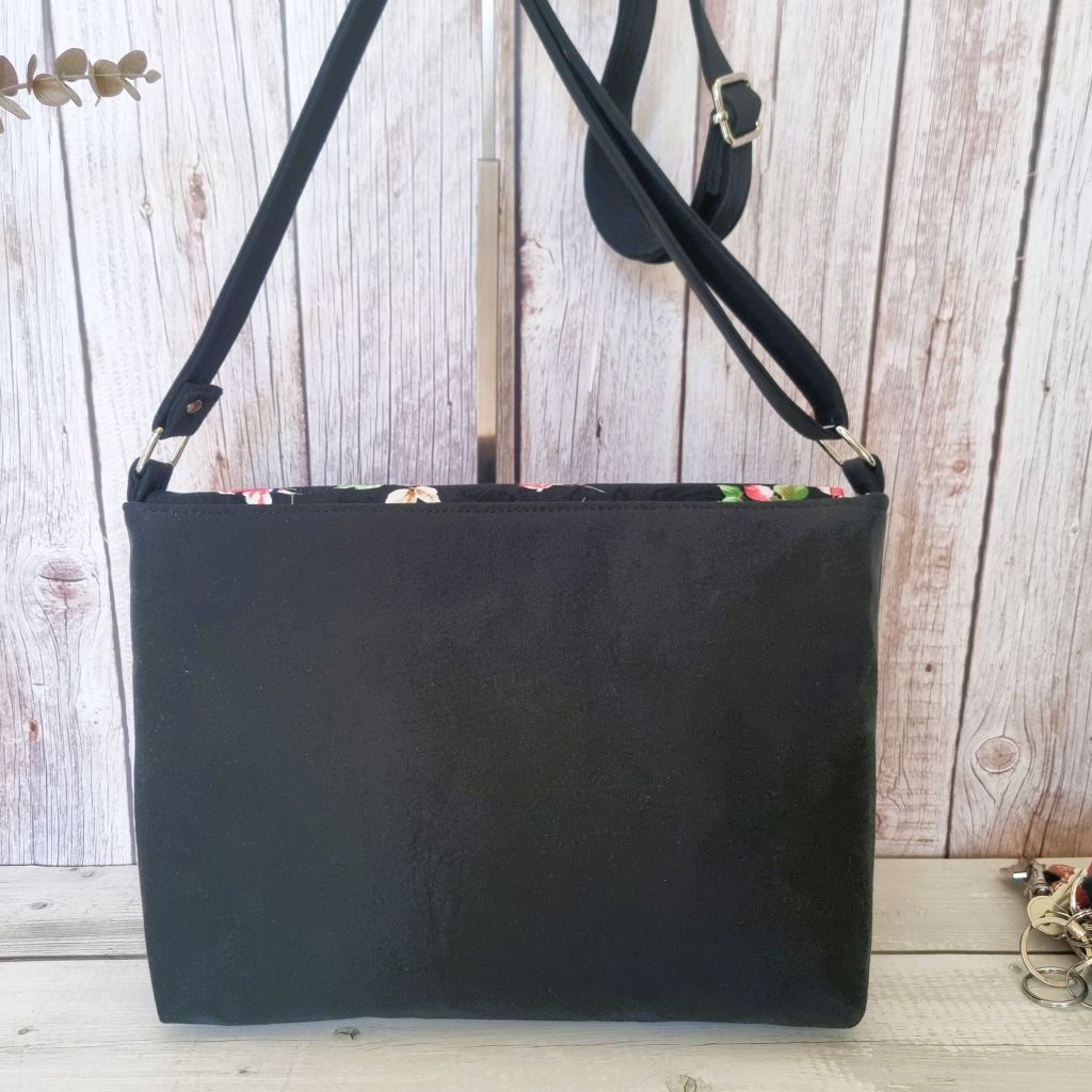 Upcycled assymetrical crossbody messenger bag - black & pink with roses