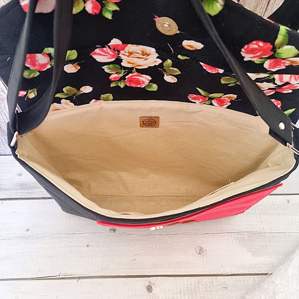 Upcycled assymetrical crossbody messenger bag - black & pink with roses