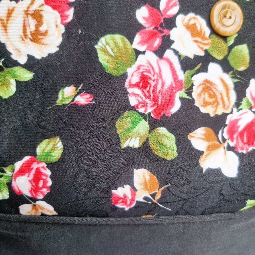 Upcycled assymetrical crossbody messenger bag - black & pink with roses