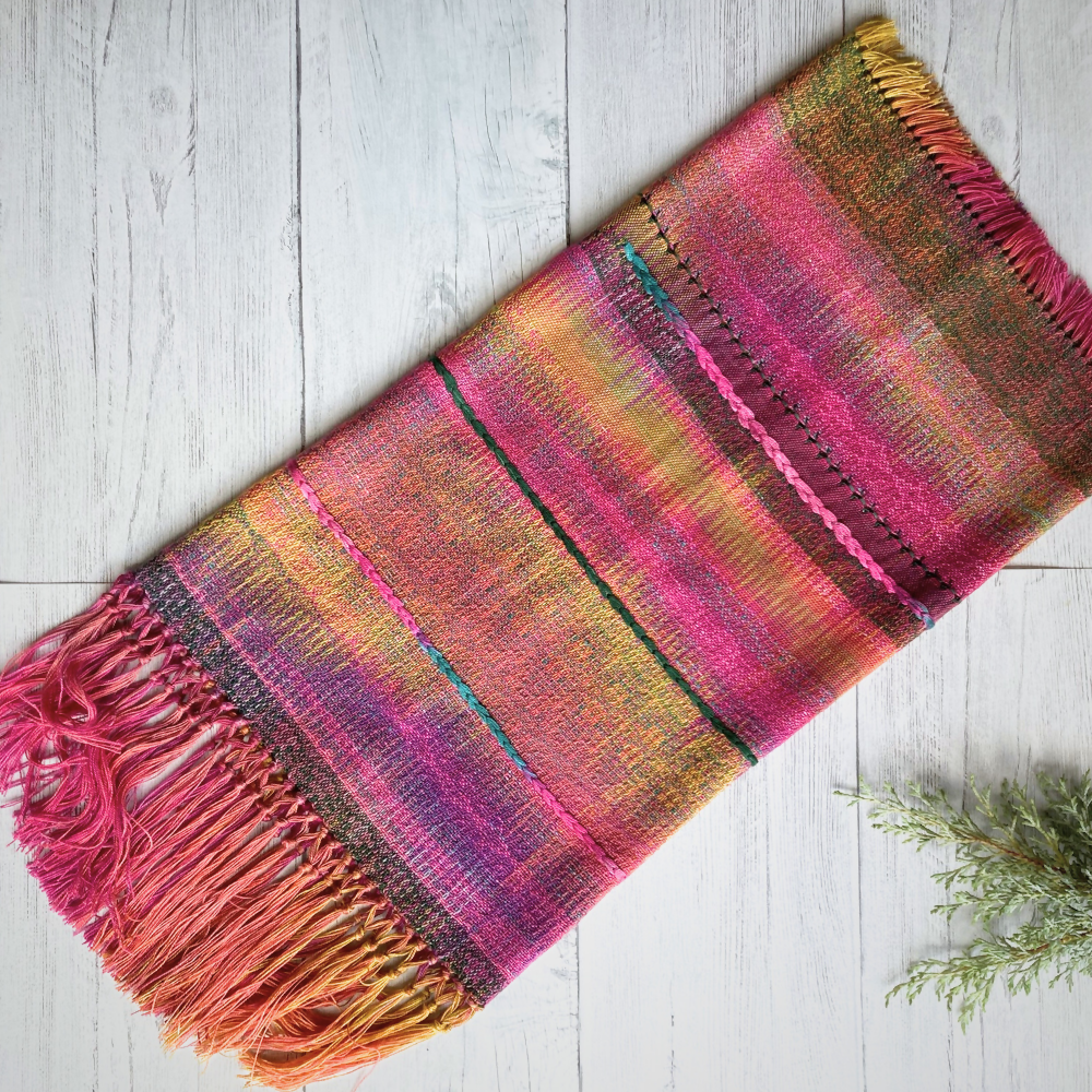 Handwoven cowl - bright pinks and green with extra details