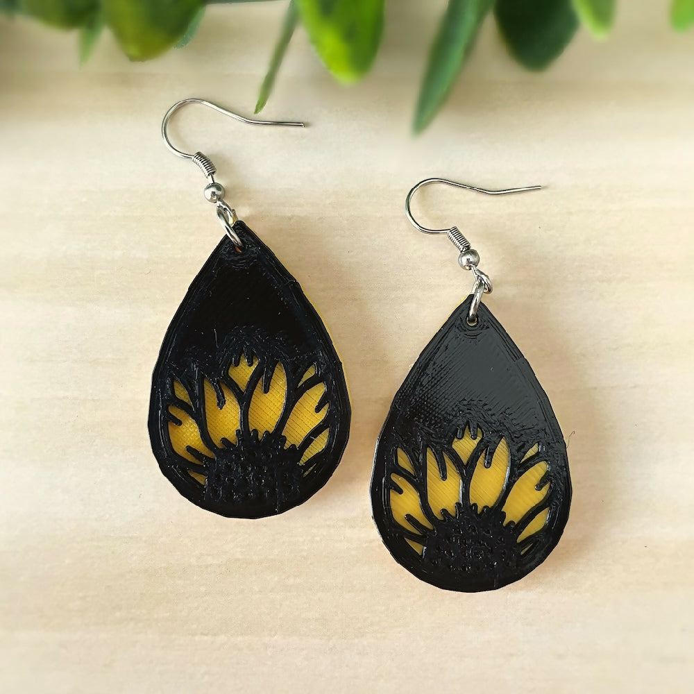 Australian-artist-handmade-jewellery-earrings-black-yellow-sunflower-earrings-drop-d