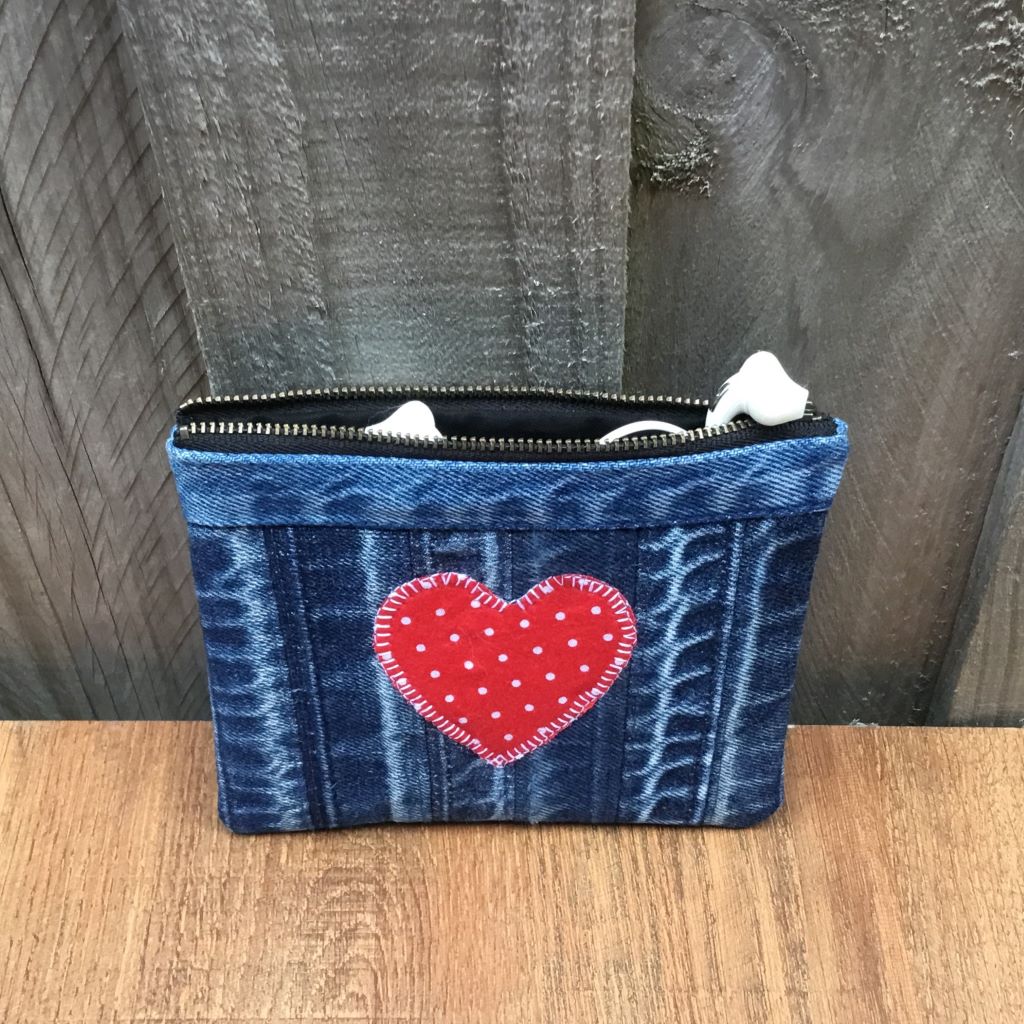 Upcycled Denim Cuff Coin Purse – Red Polka Dot Heart