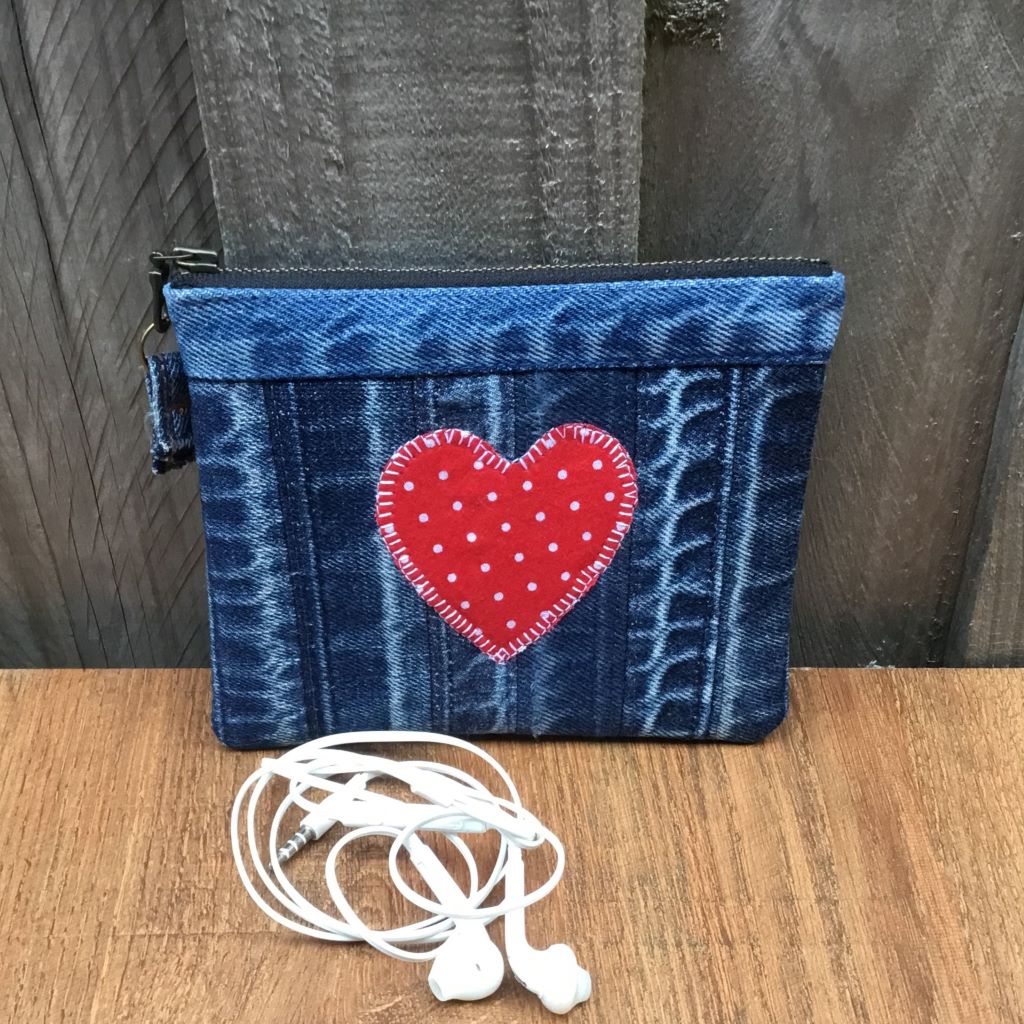 Upcycled Denim Cuff Coin Purse – Red Polka Dot Heart