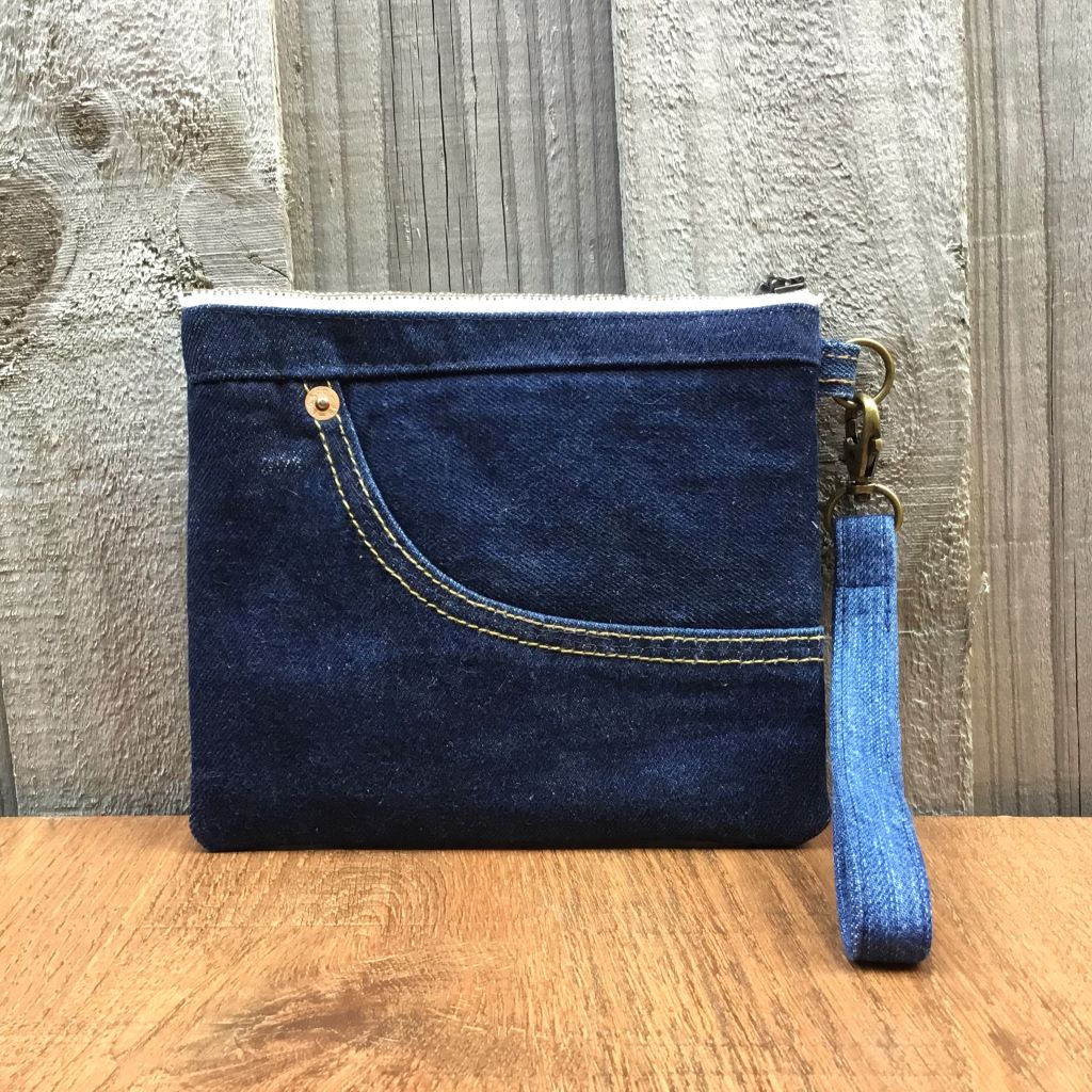 Upcycled Denim Wristlet Purse - Front Pocket