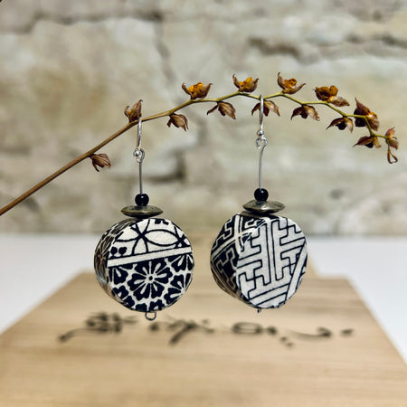 Earrings Black & White Japanese Washi Paper - EBW-111