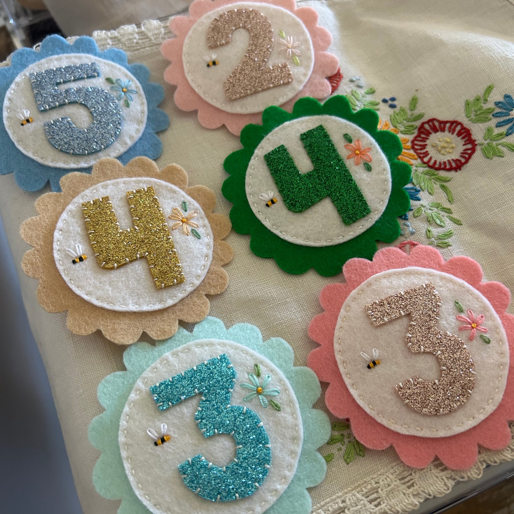 Birthday party badge, felt, embroidery, keepsake, heirloom