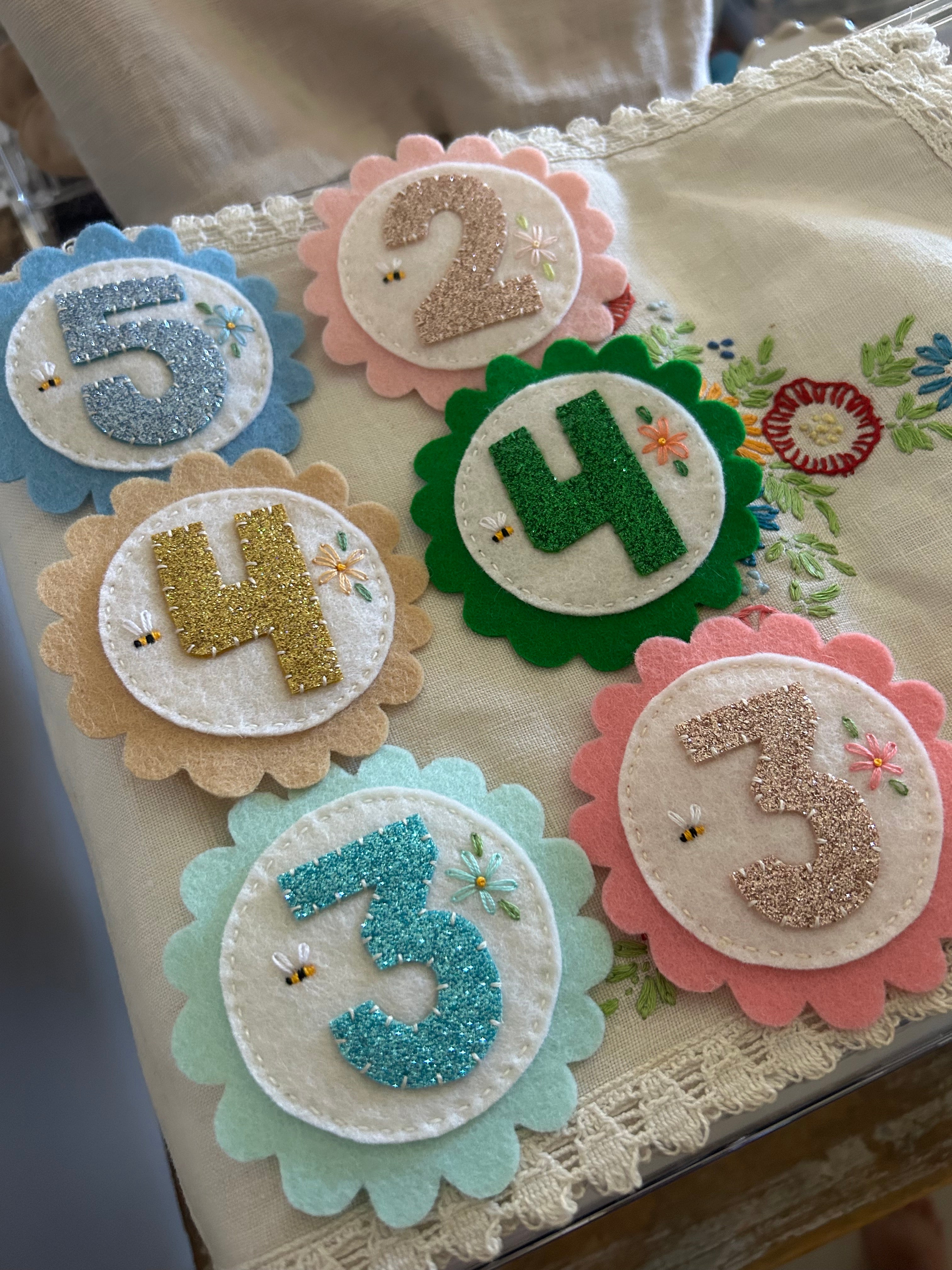 Birthday party badge, felt, embroidery, keepsake, heirloom