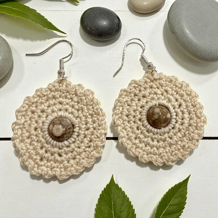 Crochet Earrings - Neutral with Natural Stone Maifan Jasper Beads