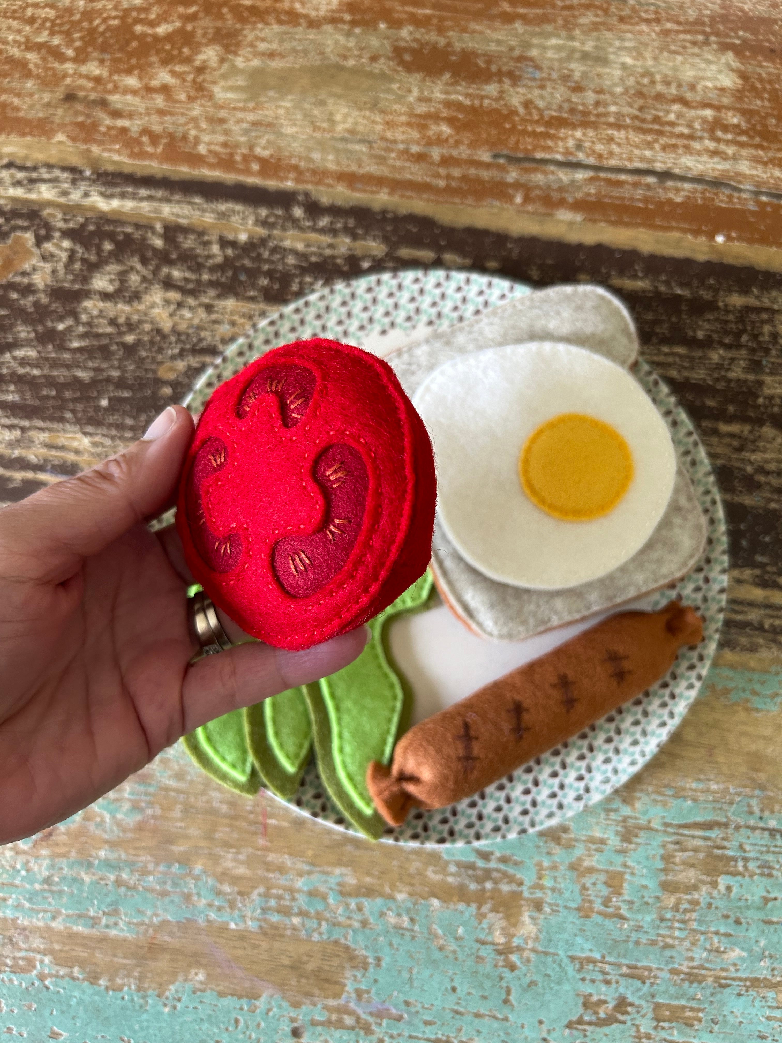Breakfast set, avocado, egg and sausage felt play food