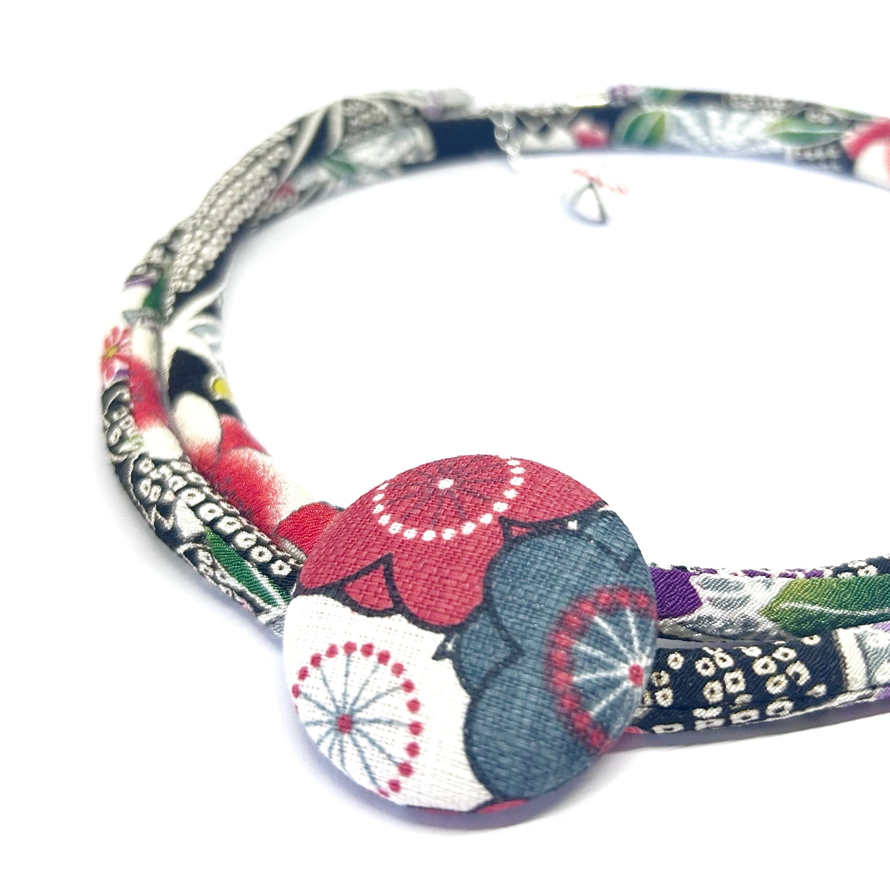 Kimono Cord Necklace - Grey, Red and White Blossom