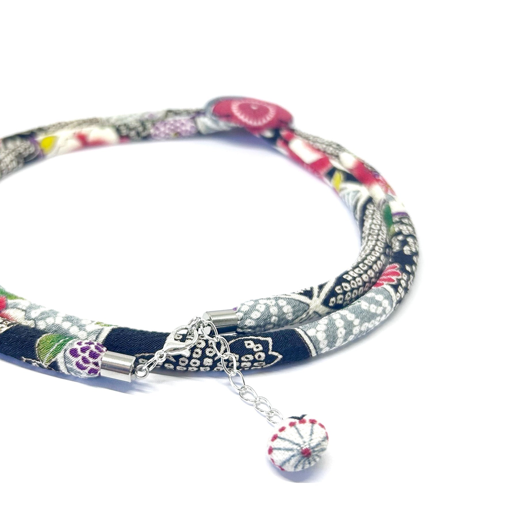 Kimono Cord Necklace - Grey, Red and White Blossom